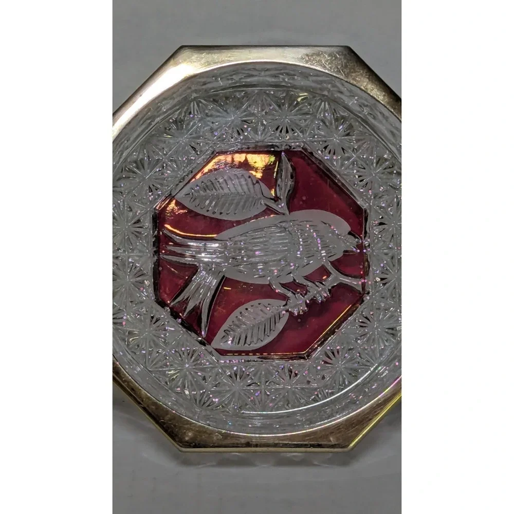 Vintage Hofbauer Byrdes Ruby Red Clear Cut Crystal and Brass Octagon Ashtray